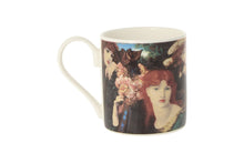 Load image into Gallery viewer, Mug with a design inspired by a painting of a red-haired lady. The handle is on the left.