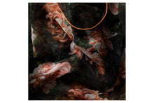 Load image into Gallery viewer, Closeup of a scarf. The design is inspired by a painting, with pink flowers on a green background.