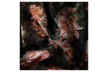 Load image into Gallery viewer, Closeup of a scarf. The design is inspired by a painting, with pink flowers on a green background.