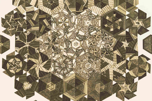 A kaleidoscopic artwork of hexagons and triangles, resembling snowflakes.