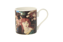 Load image into Gallery viewer, Mug with a design inspired by a painting of a red-haired lady. The handle is on the right.
