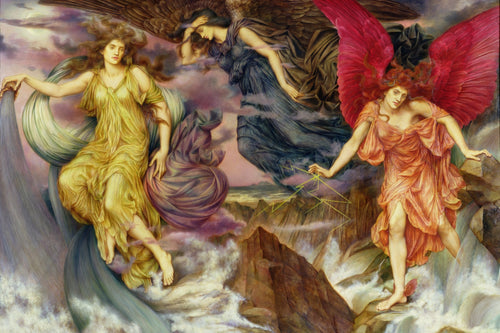 Image of a painting of three storm spirits in brightly coloured drapery